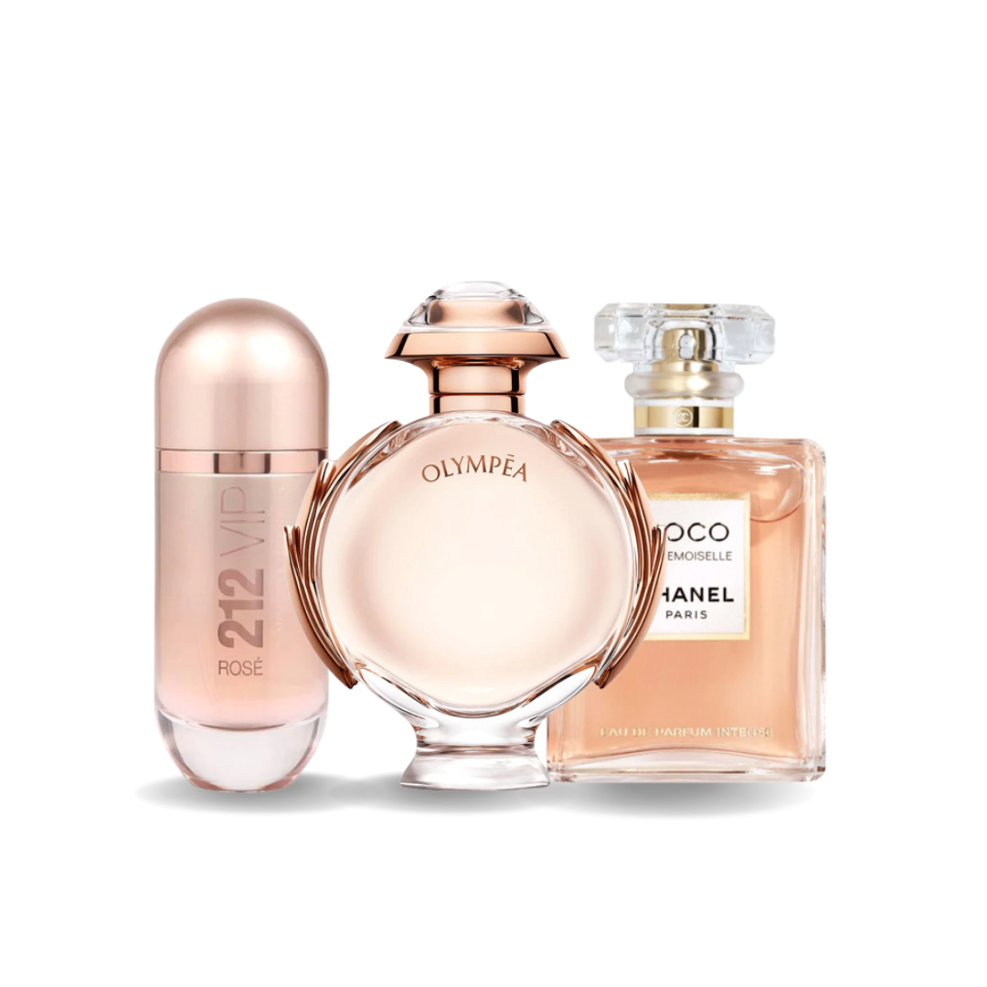 Pack de 3 parfums : 212 VIP ROSÉ, OLYMPÉA &amp; COCO MADEMOISELLE – 100 ml
