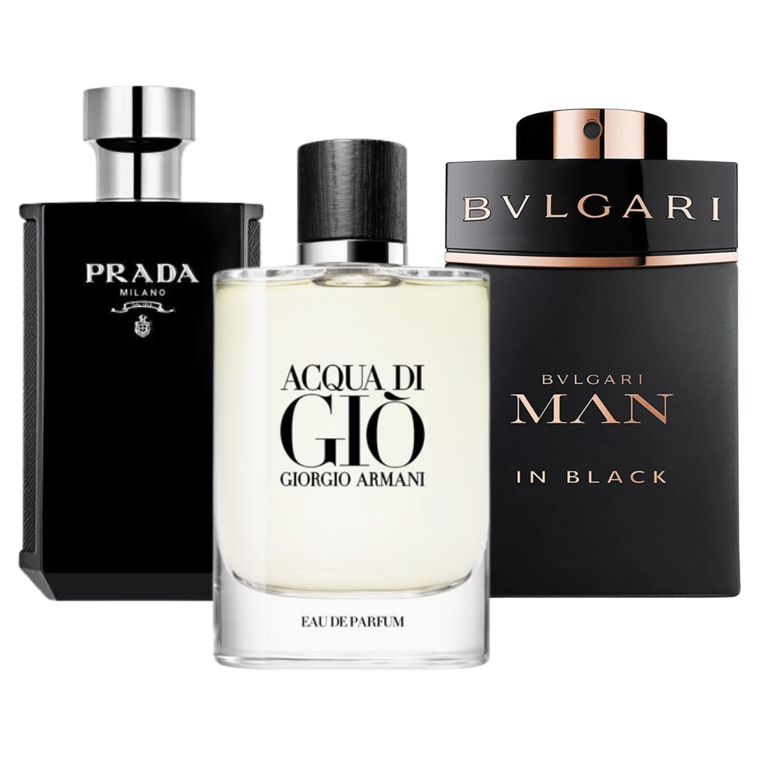 Pack de 3 parfums : BVLGARI IN BLACK, ACQUA DI GIÒ &amp; L'HOMME PRADA INTENSE - 100 ml