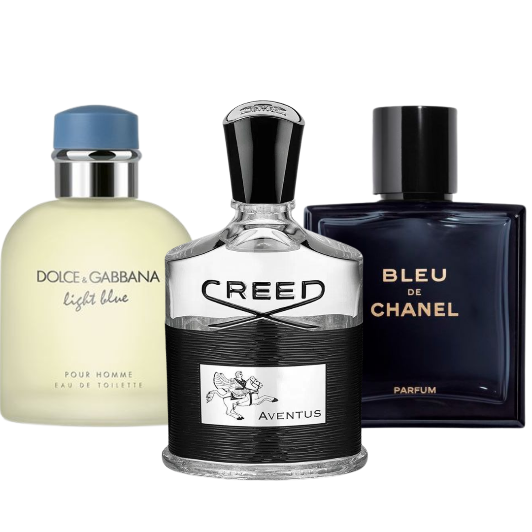 Pack de 3 parfums : BLEU DE CHANEL, CREED AVENTUS &amp; LIGHT BLUE POUR HOMME – 100 ml